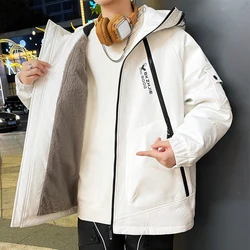Top 2024, zimowy ciepły wiatrówka Parka męska odpinany futrzany kołnierz kurtki z podszewką bawełnianą Streetwear średniej długości gruby płaszcz z kapturem