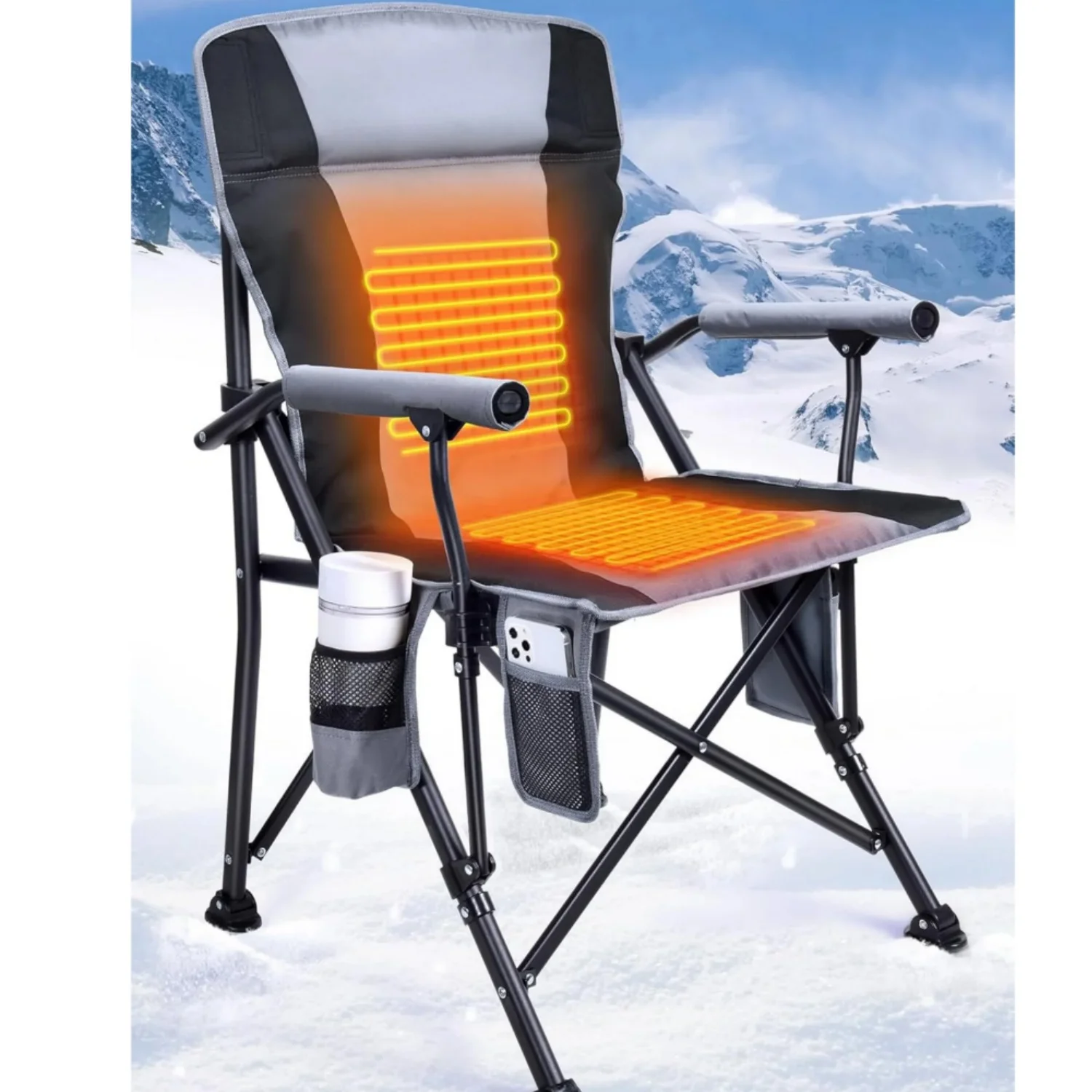 

Стул для кемпинга с подогревом для взрослых, складной стул с полной мягкой подкладкой, спинка с подогревом и сиденье, богатые карманы и подстаканник, стулья с подогревом