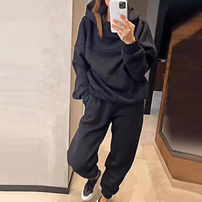 Women\'s Fashion Solid Loose Sweatshirt Outfits New Autumn Winter Thick Long Sleeved Hoodie Sets Casual Pocket Pants Sports Suit