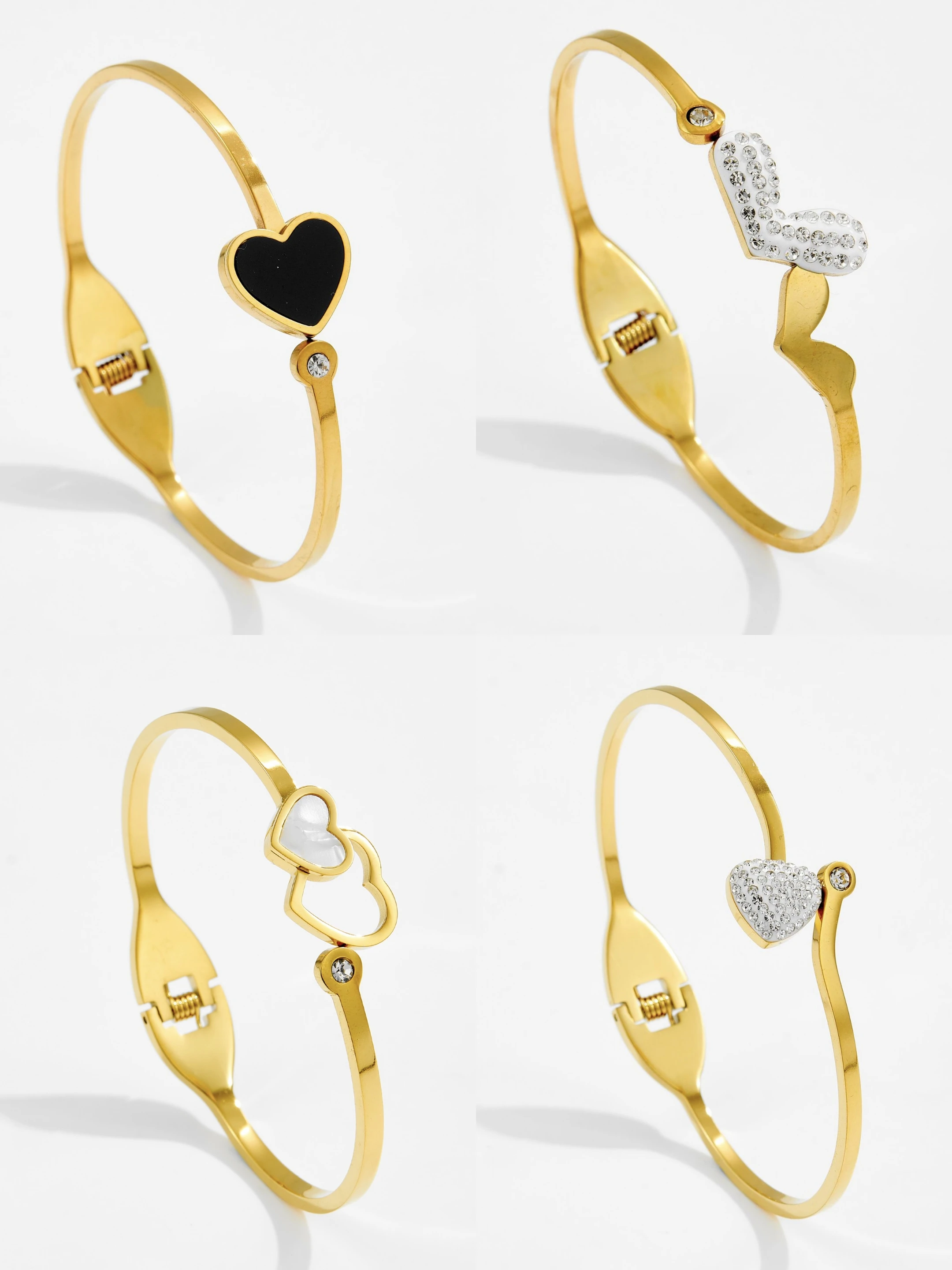 

5/10/20pc Fashion Stainless Steel White Black Heart Cuff Bangles Waterproof Tarnish-free Full Zircon Love Charm Bracelet Jewelry