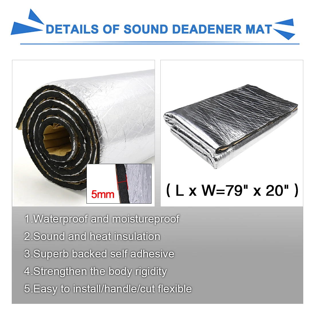 

UXCELL 5mm Sound Deadening Mat Heat Insulation Pad Self Adhesive Aluminum Foil Foam for Car Door Floor Hoods Car Accessories
