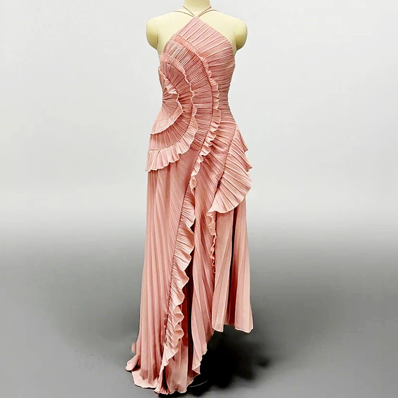 Abito lungo plissettato con volant da donna elegante senza maniche Halter irregolare a strati pieghettato fluido al ginocchio maxi abiti da festa di nozze