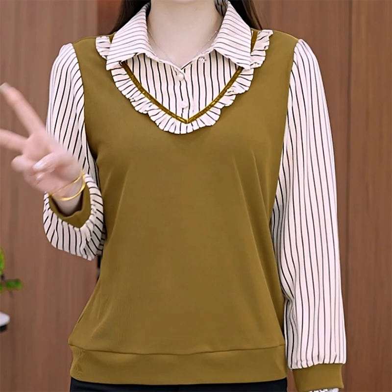 Fashion Lapel Striped Ruffles Fake Two Pieces Blouses Women's Clothing 2024 Autumn New Loose Casual Tops All-match Shirts