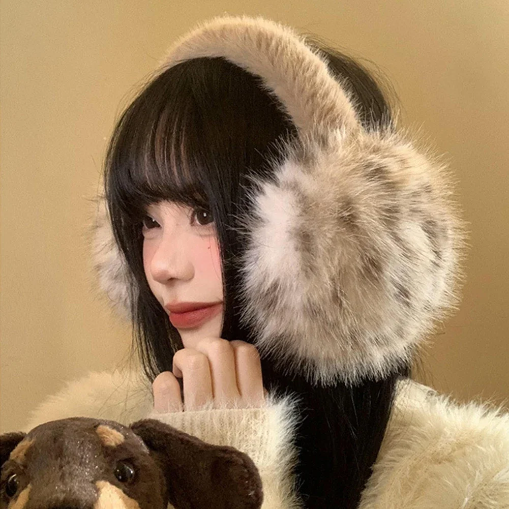 Orejeras de felpa de leopardo para niñas, calentadores de orejas de piel de zorro de imitación a prueba de viento, protector antiarrugas para las orejas de invierno