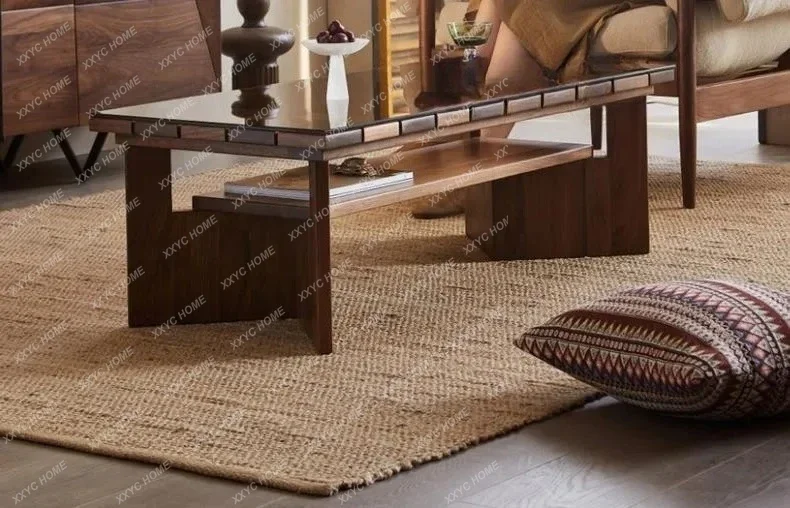 A  European Entry Lux Black Walnut Small Apartment Coffee Table Japanese Minimalist Glass Rectangular Double Layer Tea Table