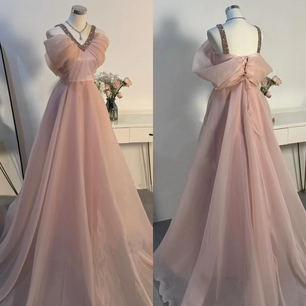 

Customized Modern Style Organza Pleat Sequined A-line V-neck Long Dresses Bespoke Occasion Homecoming Fashion