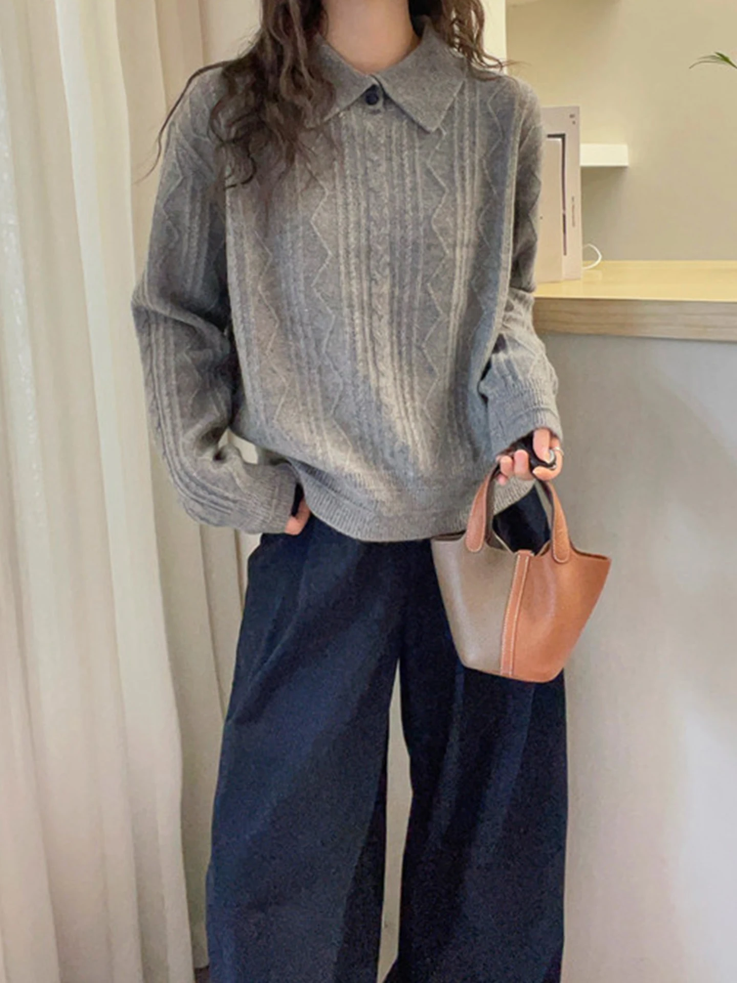 

Simple Luxury Color Knitted Sweater Casual Long Sve Overhead Winter Faion Top High-End Feeling Women's Camere Sw...