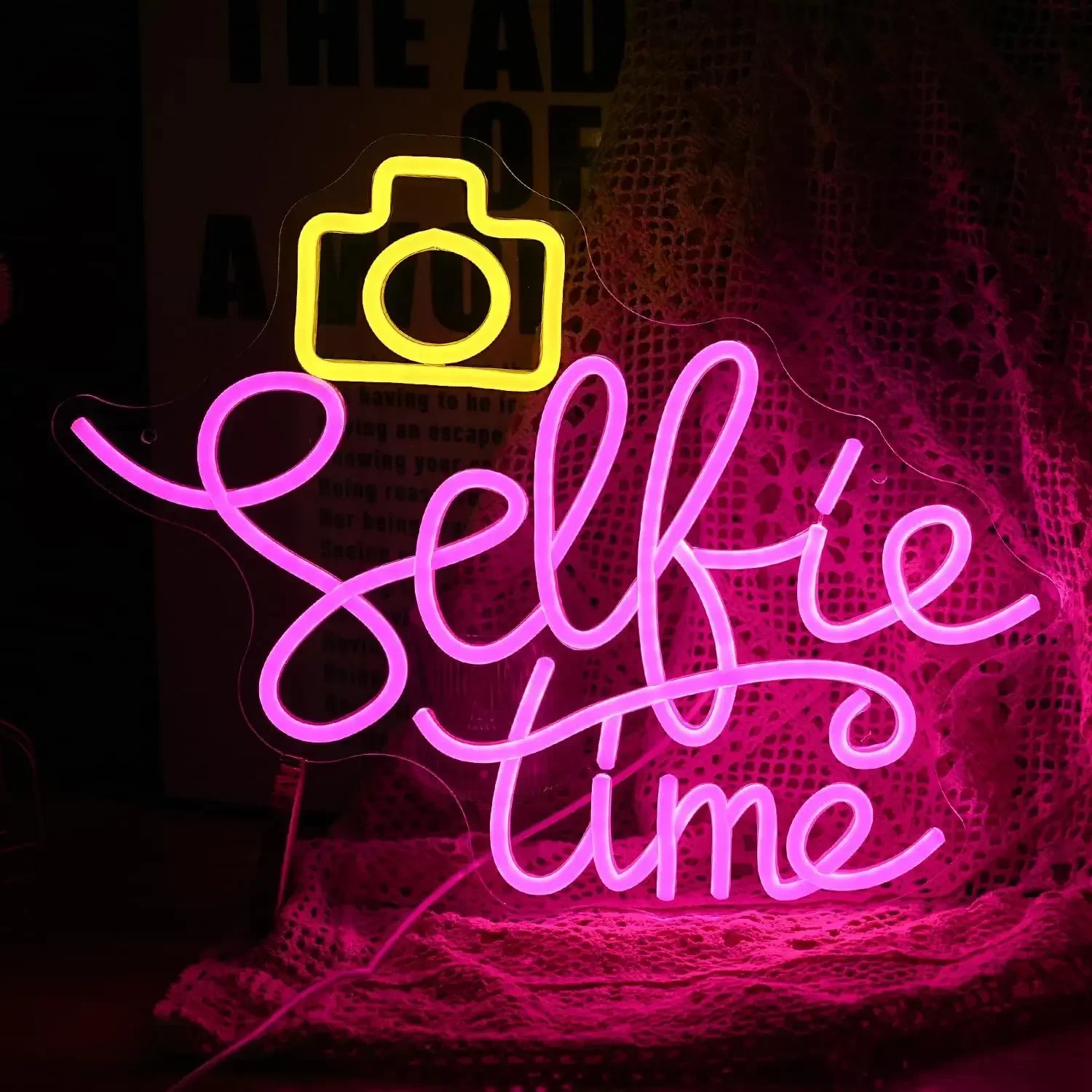 Selfie Time Neon Sign LED Camera Neon Light Sign for Photographic Studio Bedroom Room Decor Party Gifts Dimmable USB Powered