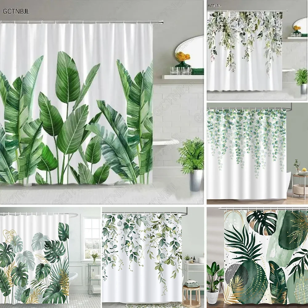 Tropical Palm Leaves Shower Curtain Set Green Plant Leaves Leaf Pumpkin Red Truck Halloween Christmas Decor Bathroom Curtains