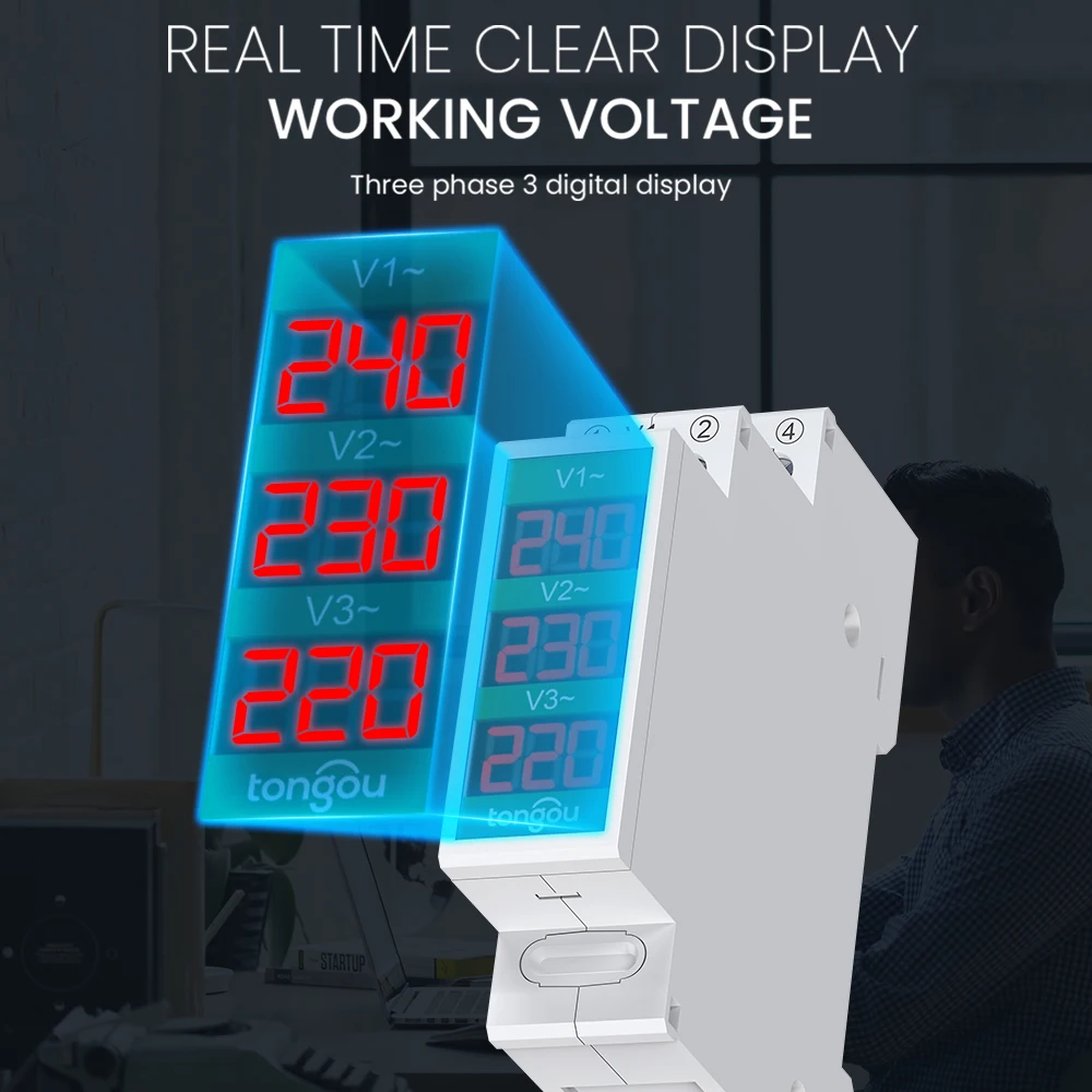 Din Rail Mount Three Phase Voltage Meter Ac 80-500V Mini Modular  Voltmeter Gauge Indicator LED Digital Display TONGOU