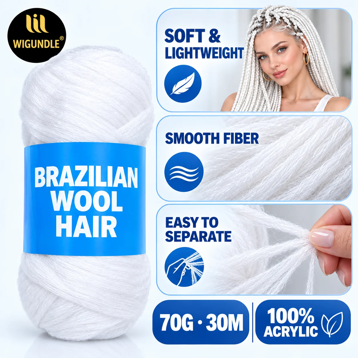 Airy Snow White Brazilian Wool Yarn 70g 30m Hair Yarn for Boho Twists Faux Locs Nordic Braids Festival Updos & Creative Styling