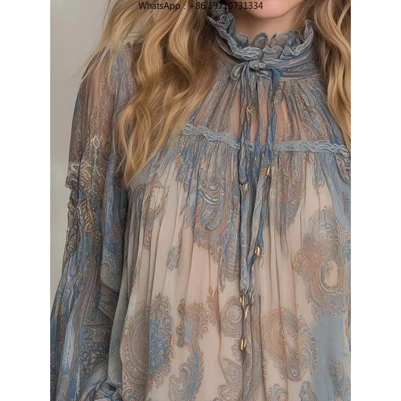Women Vintage Boho Paisley Print Blouse Crew Neck Ruched Lace Up Chiffon Flared Puff Long Sleeve Vacation Top