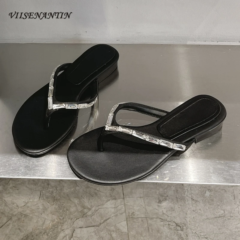 

New Flip Flops Women Sandal Genuine Leather Crystal Slipper Round Toe Low Heel Concise and Comfortable Outside Wear Slides Shoes