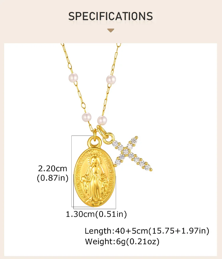Kreuzkette mit Marienbild, goldfarbene Edelstahl-Perlenkette, religiöser Schmuck für Kirchen, Lagerbestand – Detail 3