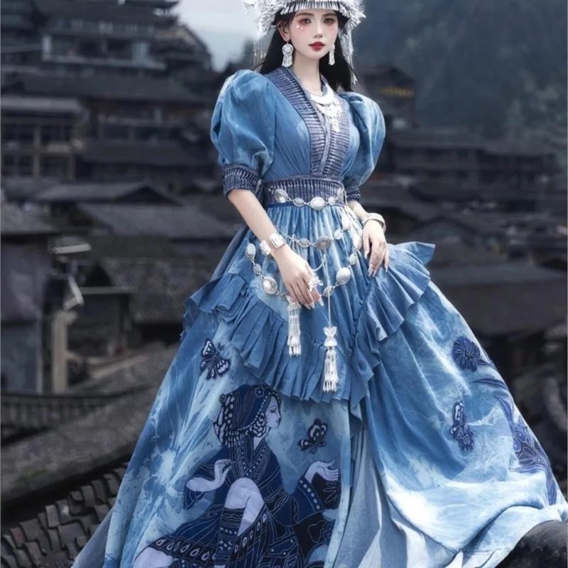 

Gaoding национальное платье женское синее тяжелое промышленность большой хвост взлетно-посадочная полоса шоу побег