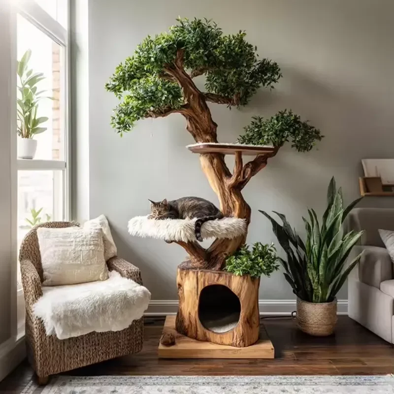 2026 New Design Modern Large Luxury Wood Cat Tree All in One Space Saving Multi Layer Home Small Apartment Cat Climbing Frame