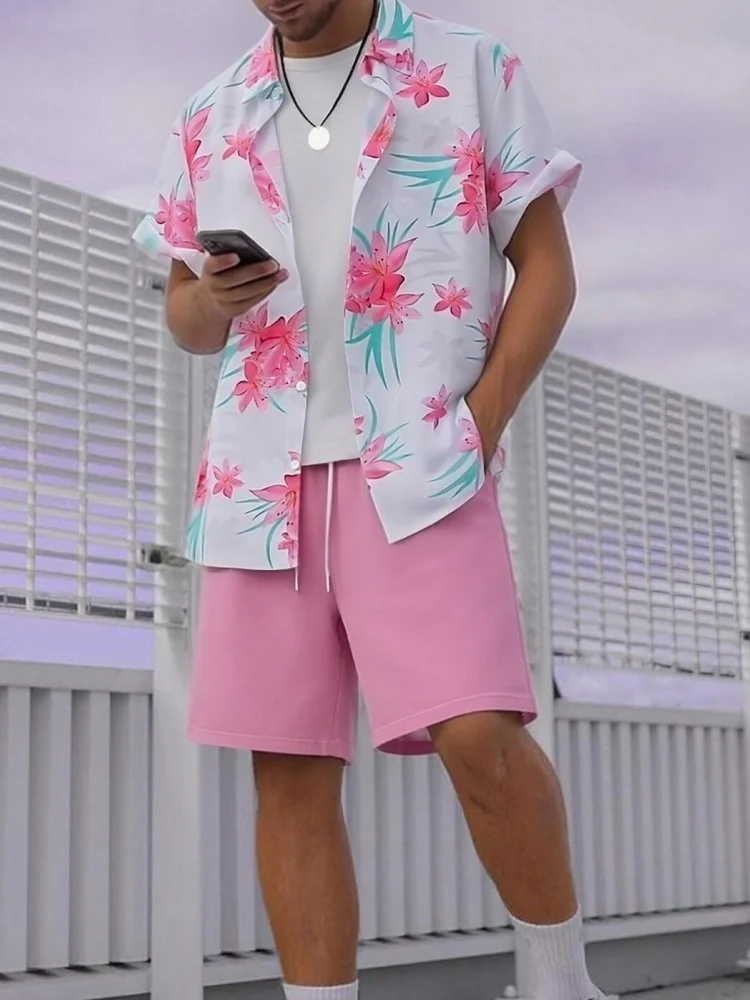 

Мужские летние костюмы с розовым цветочным принтом: рубашки на пуговицах и шорты с эластичным поясом, повседневные пляжные комплекты в богемном стиле, спортивные костюмы 2026