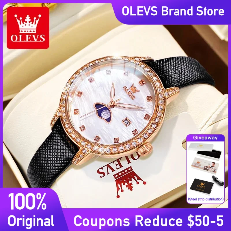 

OLEVS Women's Watches Fashion Original Quartz Watches Diamond bezel Leather strap Waterproof Date Luxury Ladies Watches