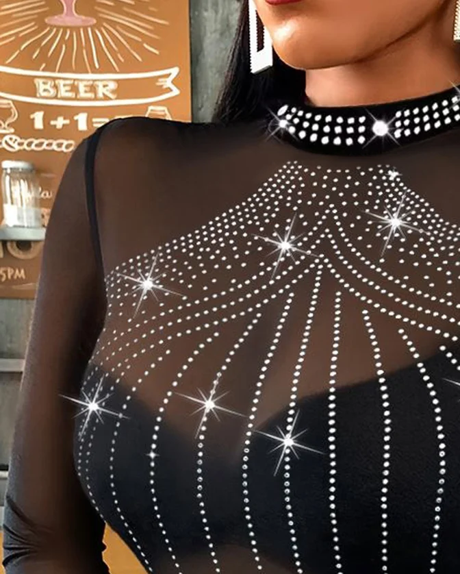 Dames sexy jumpsuit retro mode romper 2025, lente zomer pure mesh strass lange mouw strakke en veelzijdige bodysuit