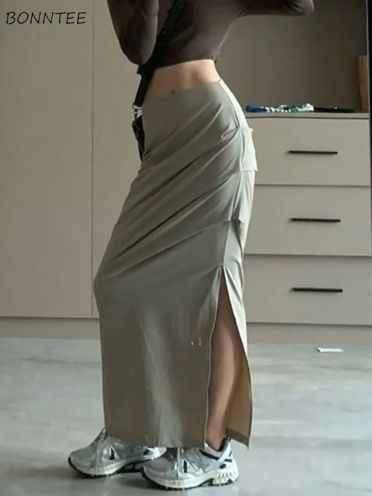 

Skirts Women Summer Solid Straight Side-slit Maxi Flods Ladies Temperament Popular All-match Graceful Aesthetic Chic Ulzzang Ins