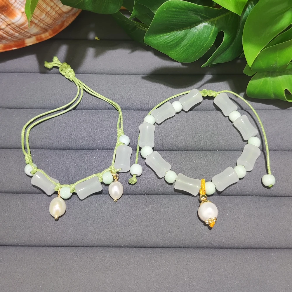 Braided White Colored Glaze Bracelet for Women Handmade Luck Beads with Pearl Chain Wrist Rope Length Adjustment
