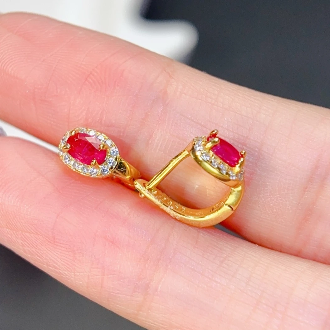 Small 925 Silver Hoop Earrings 3x5mm Natural Ruby Earrings with Certificate 18K Gold Plated Silver Ruby Fine Jewelry for Women