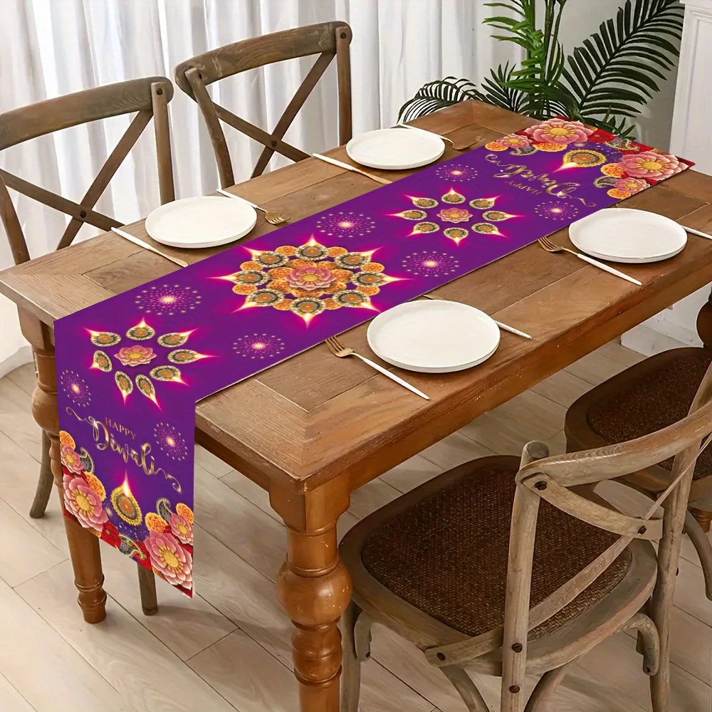 Happy Diwali Table Runner - Festival of Lights Mandala Pattern Decorative Table Cover for Dining Room Party