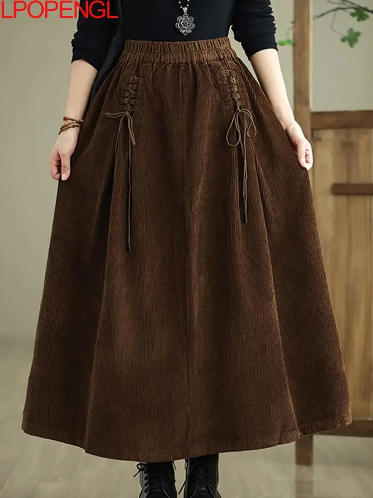 

Solid Color Retro High-waisted Corduroy Skirt Women's Autumn And Winter 2024 New A-line Large Swing Casual Ankle-length Skirt