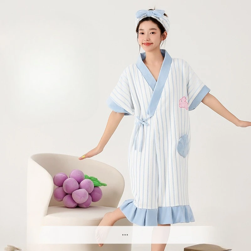 Summer Yukata-Style Striped Camisole Robe – 2025 New Absorbent, Quick-Drying, Wearable Bathrobe for Women