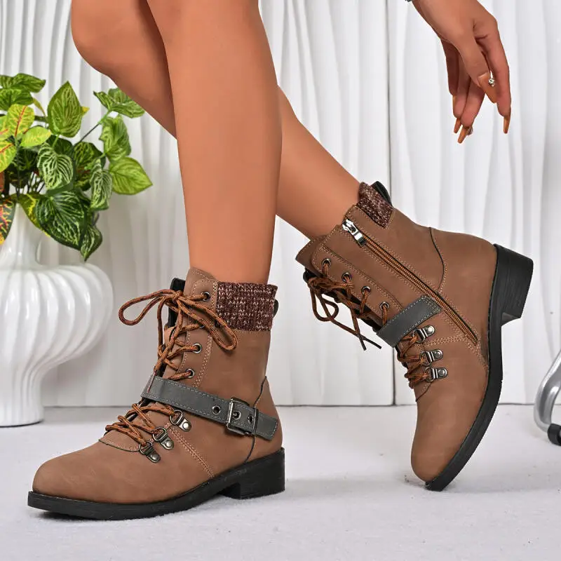 

Vintage Lace Up Decoration Thick Heel Suede Ankle Boots Women 2025 Winter Metal Buckle Short Work Boots Woman's Hiking Shoes