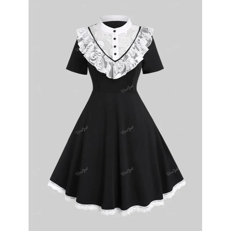 ROSEGAL Plus Size Gothic Contrast Lace Panel Retro Fit And Flare Dress Women Vintage Streetwear Cosplay Dresses Vestidos 5XL PA7