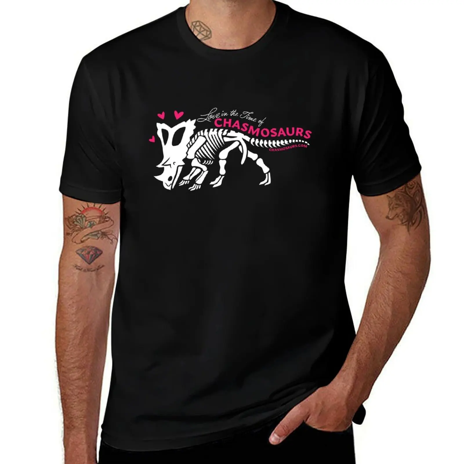 Chasmosaurus Skeleton Logo (white and pink) T-Shirt blacks animal prinfor boys plain black t shirts men