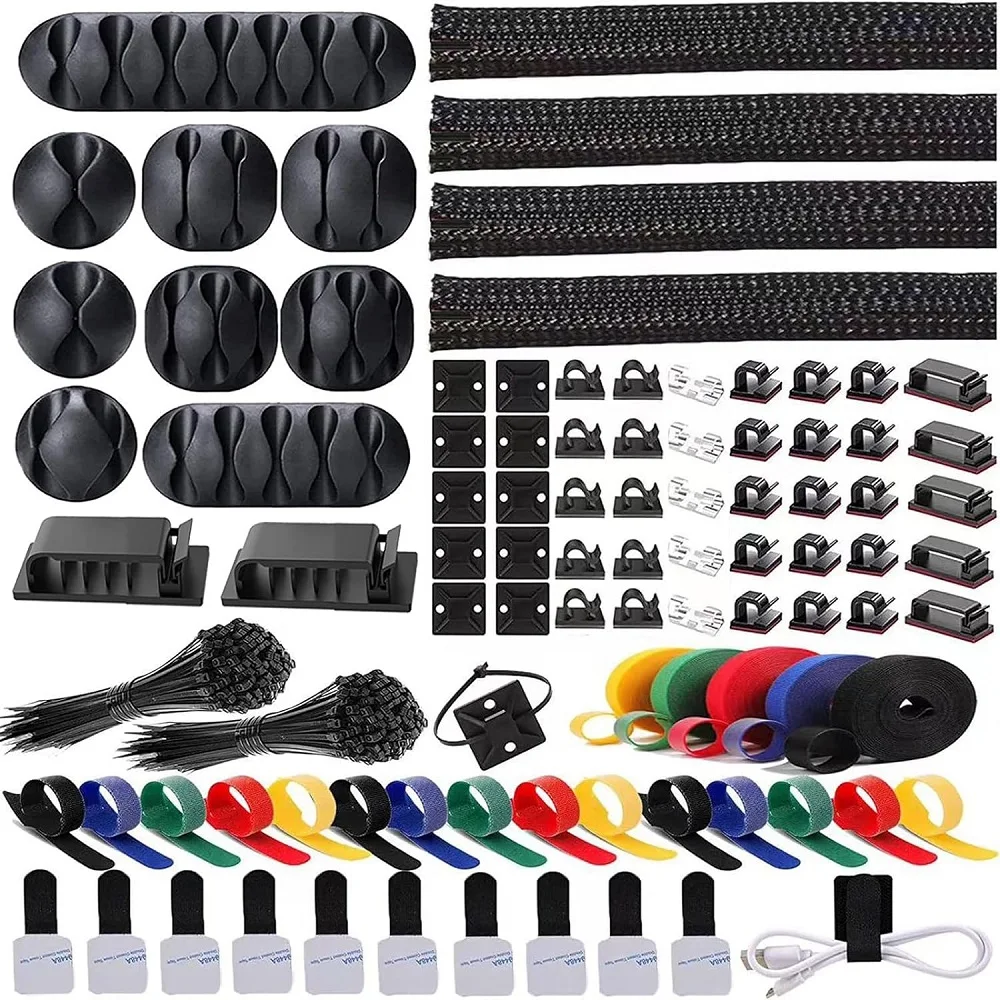 Hot Sale 300 Pcs Cable Management Kit Cable Organizer Sleeve Split Self Adhesive Wire Clips Holder Cables Ties Cord Storage