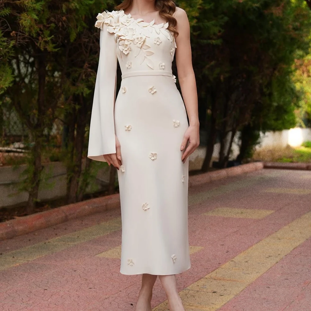 

Straight Women's Evening Dresses Tea-length One-shoulder Full Sleeve Prom Gown Simple Fashion Flowers Backless Customized Gowns