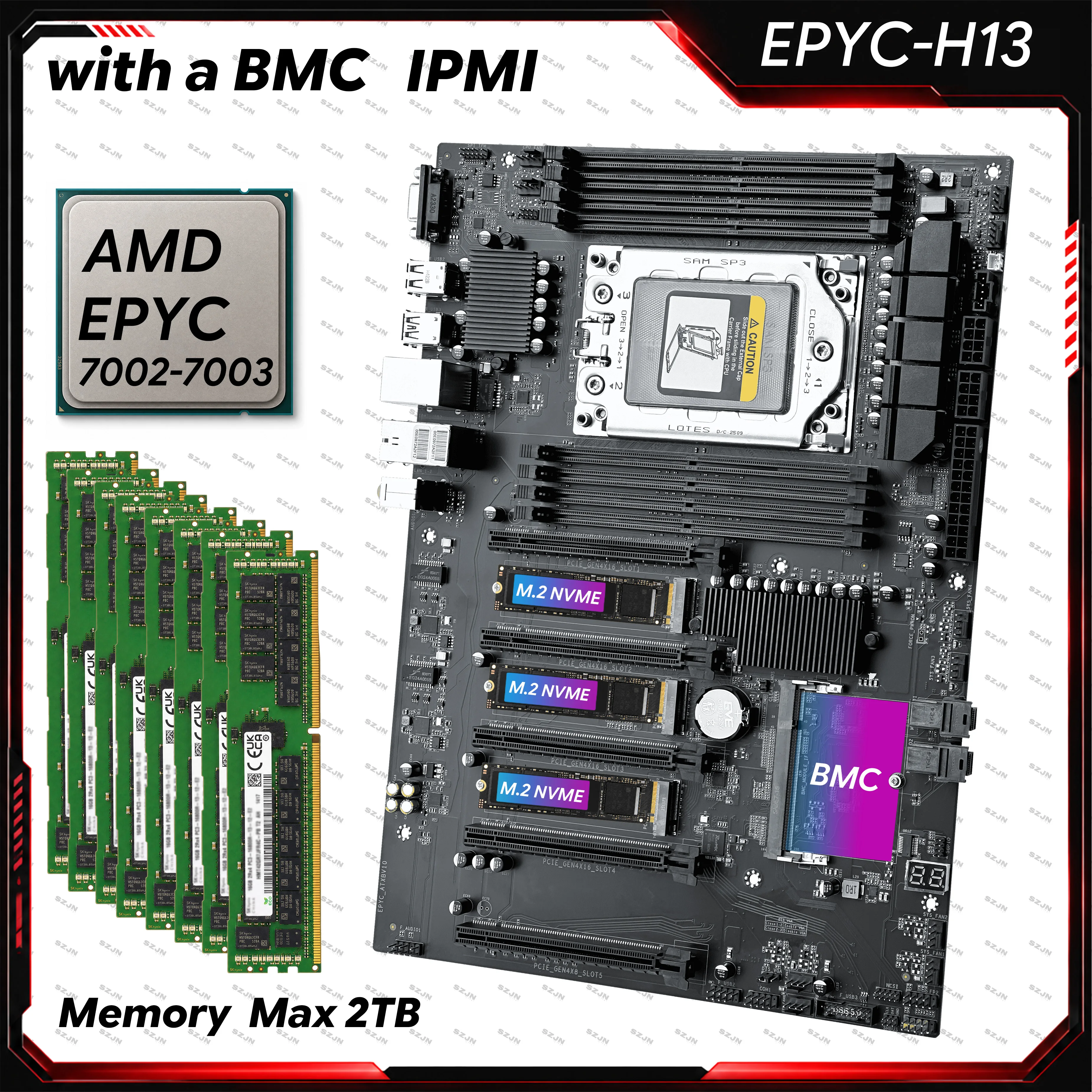 JGINYUE H13 마더보드 세트(BMC IPMI AMD EPYC 7002 7003 시리즈 CPU 키트 포함) 8채널 메모리 최대 2T 4*PCIe X16 듀얼 2.5G 네트워크