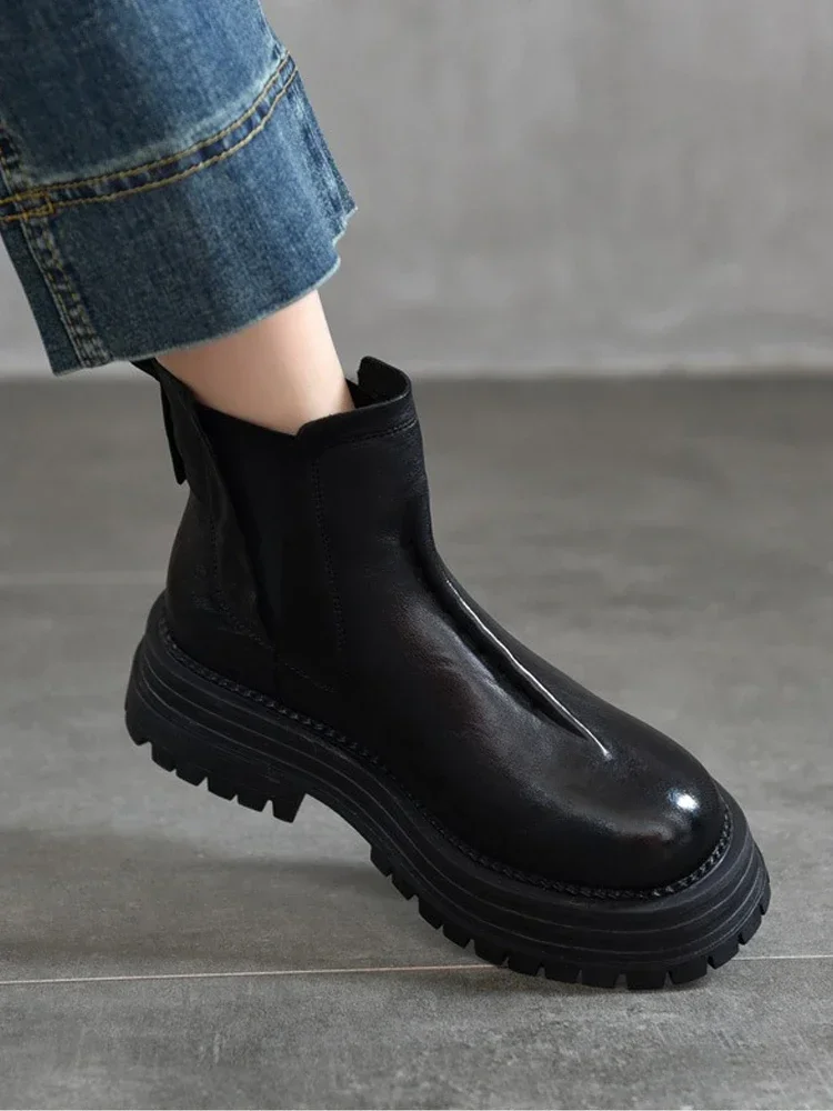 Birkuir retro plataforma plana de pelúcia chelsea botas para mulheres deslizamento em botas de neve 2024 couro genuíno luxo botas de tornozelo de salto grosso