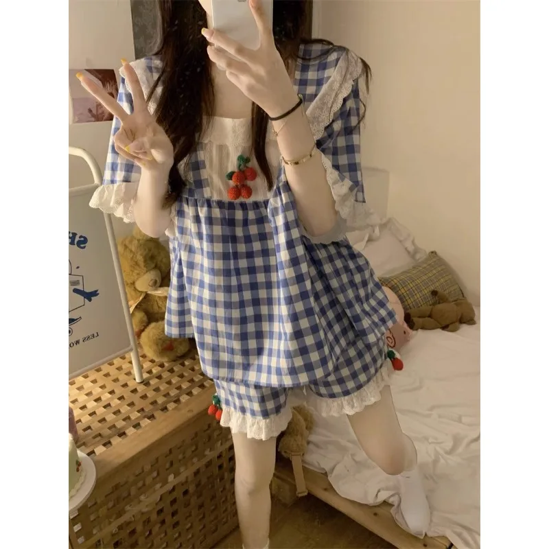 Y2K Harajuku Style Sweet Cherry Plaid Pajamas Women's Summer Streetwear Lace Design Loungewear Two-piece Set Women Pajamas New