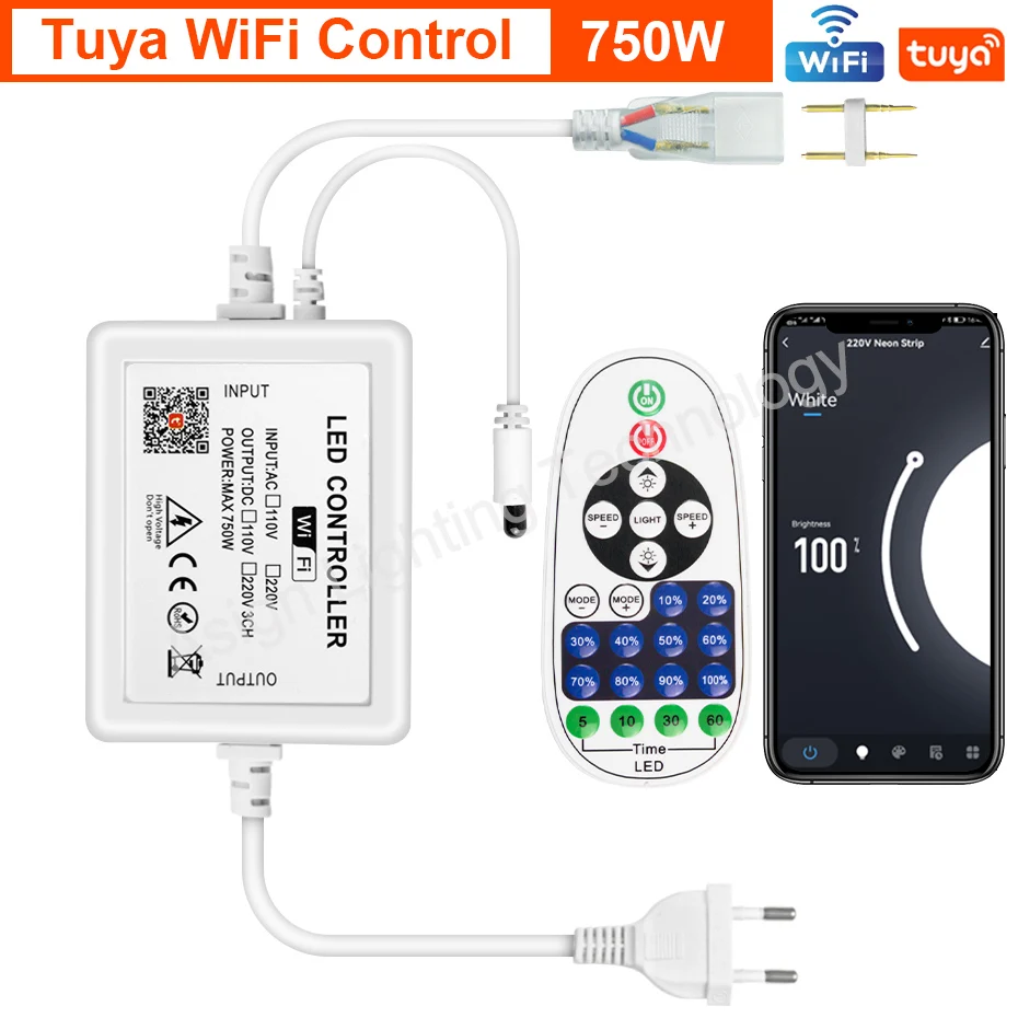 Tuya Smart WiFi LED Strip Controller EU Dimmable 2Pin 220V Neon Light Bluetooth Controller 750W 1500W With Remote Control