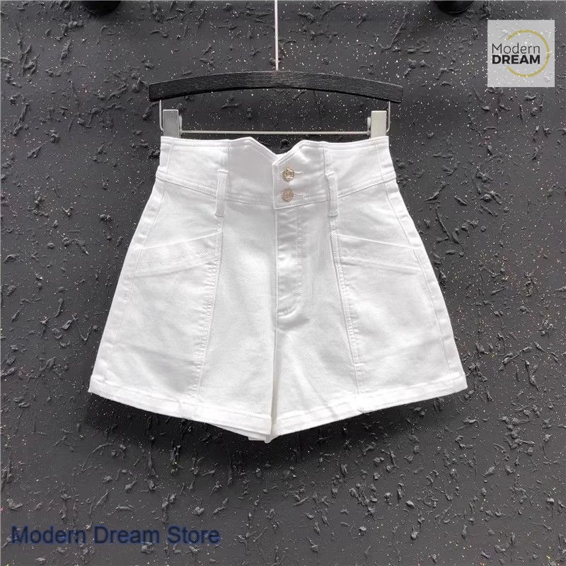 

Korean fashion white denim short shorts female summer new high waist loose Joker slim temperament wide leg casual hot pants.