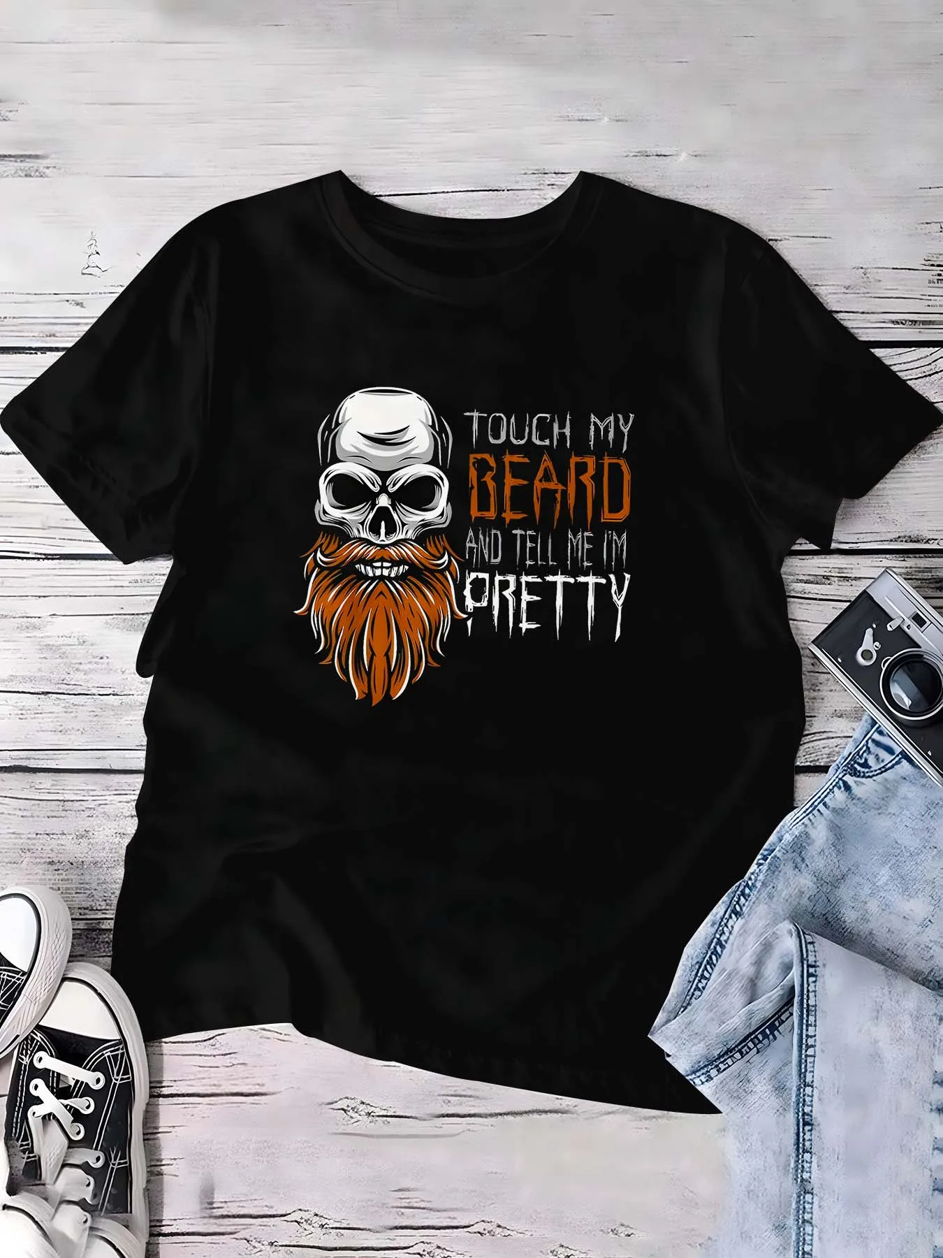 

Plus Size Edgy Skull Beard Graphic Tee Embracing Bold Personality and Trendy Attitude for a Distinctive Fashion Statement