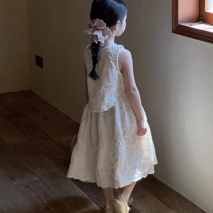 

Top and Skirt Spring and Summer New Korean Fashion Solid Color Embroidered Vest Dress Two-piece Set Kids Clothes Girls