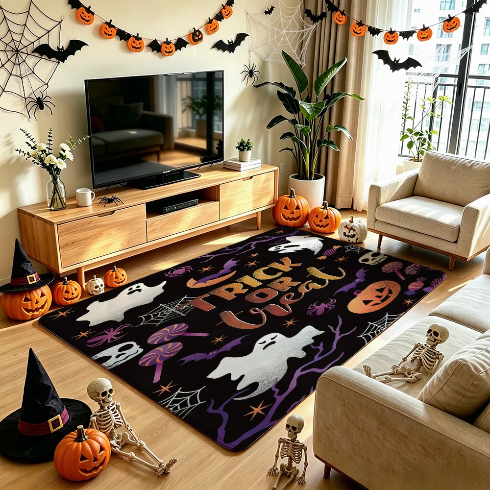 1pc flannel with silicone bottom featuring Trick or Treat Halloween ghost pumpkin suitable anti-slip home decoration purposes