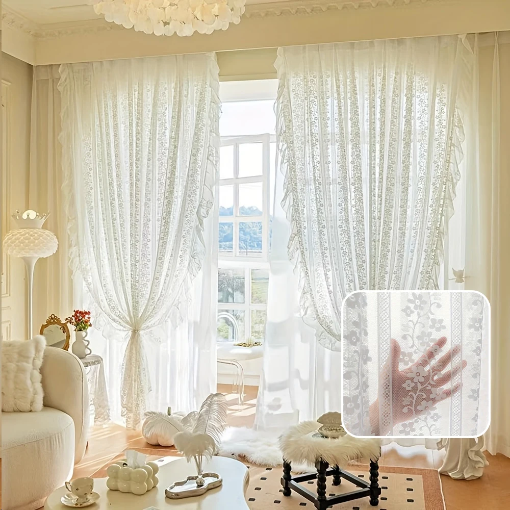 

French Begonia Flower Lace Curtains White Ruffled Country Style Tulle Sheer Curtain for Living Room Half Blackout Curtain 레이스 커튼