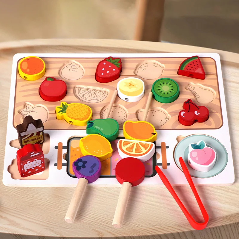 Drewniane zabawki Montessori dla dzieci szpikulec owocowy pasujące koraliki gwintowanie gra edukacyjna logika szkolenia klocki do budowy gra prezenty