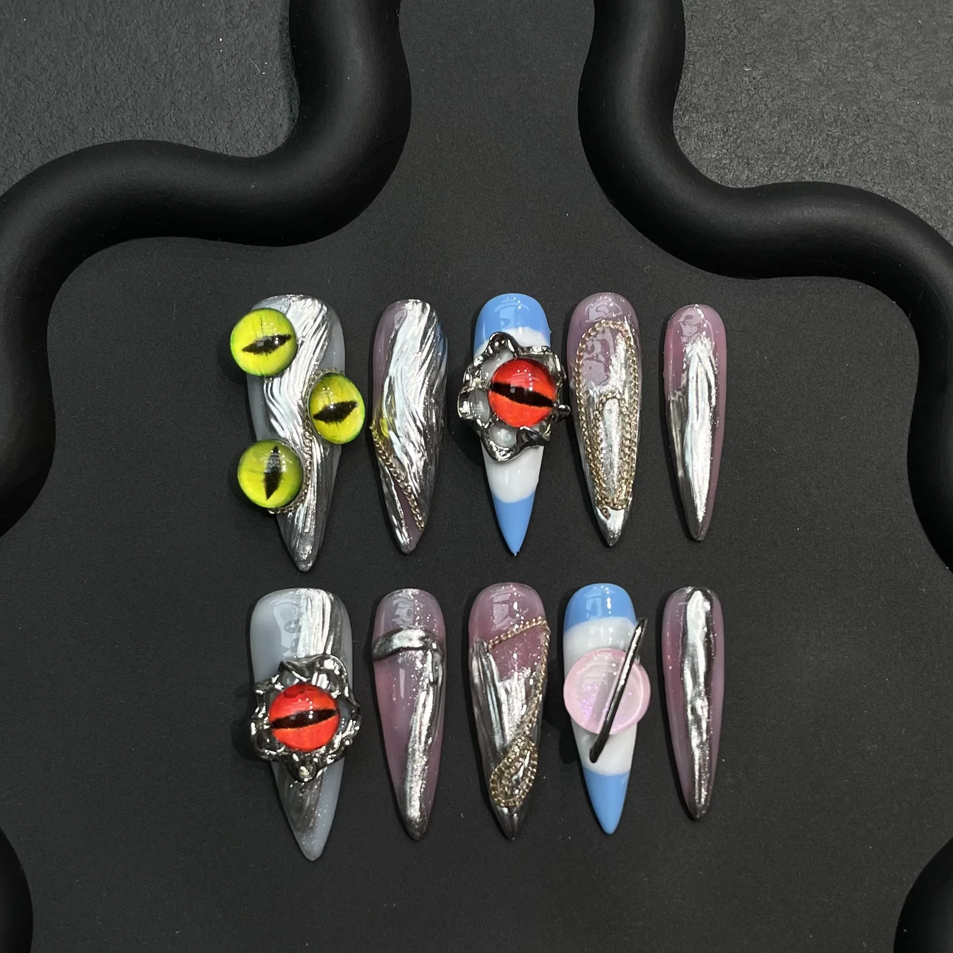 

10 шт. Накладные ногти ручной работы в форме слезы Bomo Pupil, модные металлические Y2K, уникальный дизайн, длинные, с 4-компонентным набором инструментов, супер.