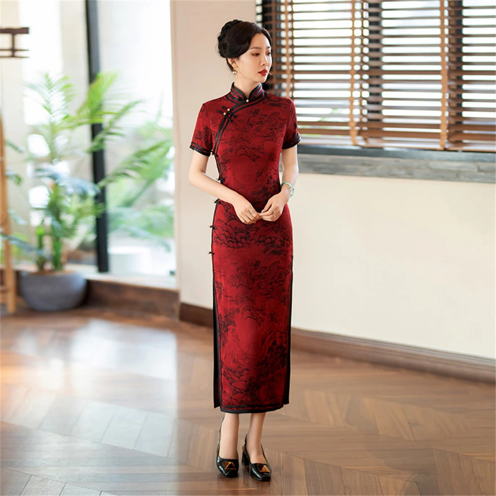 Retro Cheongsam Red Print Classical Lady Qipao Young Style High-end Temperament Elegant Summer Dress Chinoise Evening Party Gown