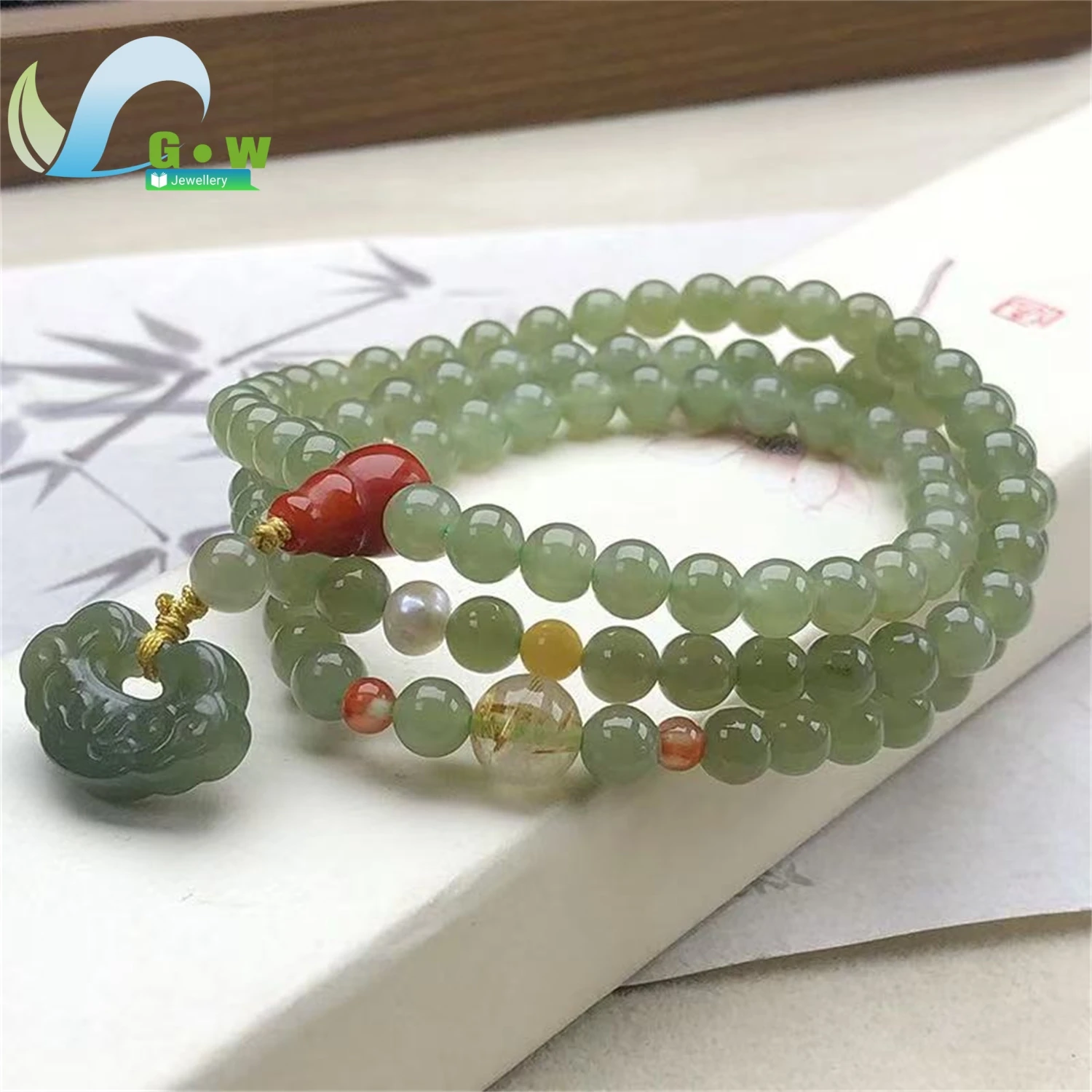 Natural Hetian Jade Clear Water Multi Layer Bracelet Women Gemstone Beaded Wristband Handmade Jewelry Daily Wear Charm Gift