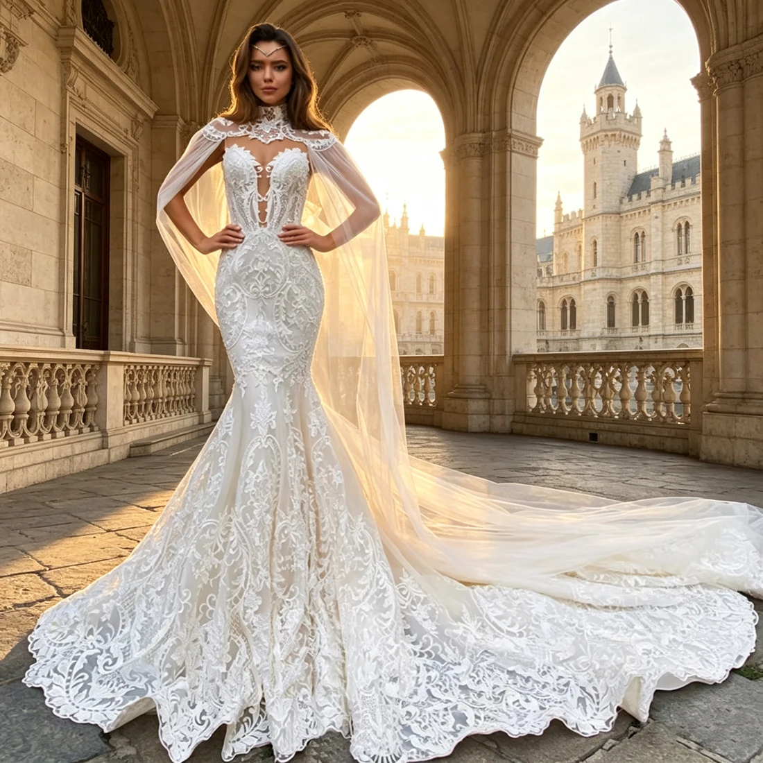 Alonlivn Customize Made Whole Lace Mermaid Wedding Dress Off The Shoulder Appliques Trumpet Bridal Gowns With Removable Cloak