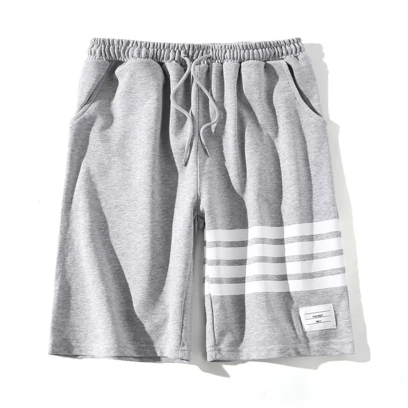 

Unisex Influencer Heather Grey Cropped Shorts Urban Casual Half Trousers with Side Pockets and White Lines Sports Shorts Down