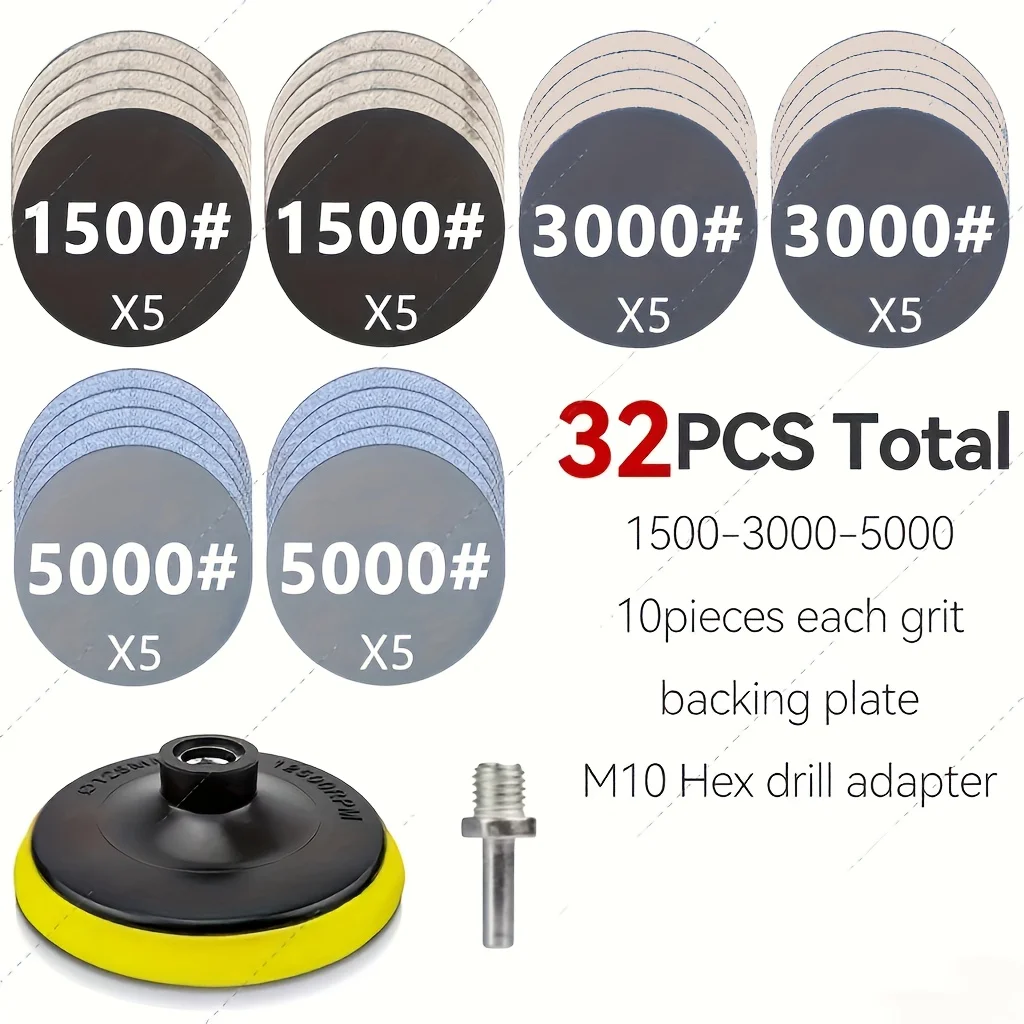 33/32pcs Round Wet Sanding Sheet Sanding Discs Pad Dry Polishing Sandpaper for Car Detailing Headlight Restoration Grinder Acces